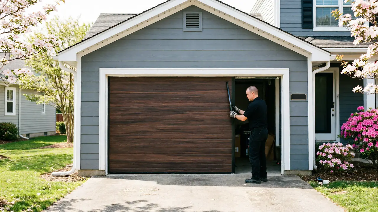 A technician in gloves is working on a brown garage door of a gray house.