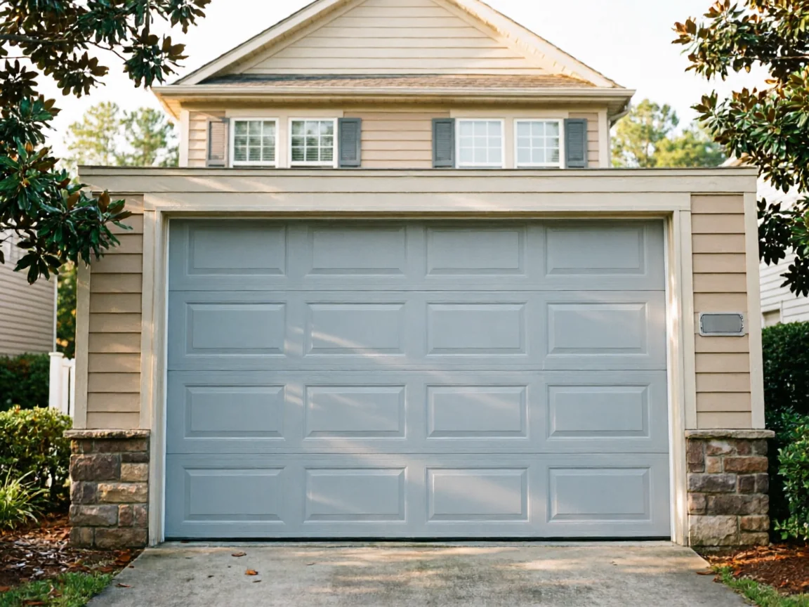 A light gray garage door with rectangular panels is on a house with tan siding.