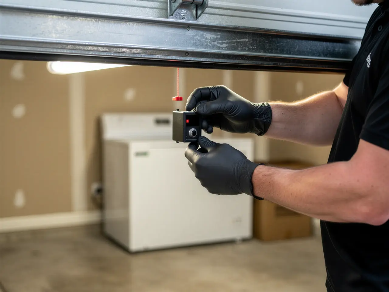 A technician wearing black gloves adjusts a black device with a red pull cord.